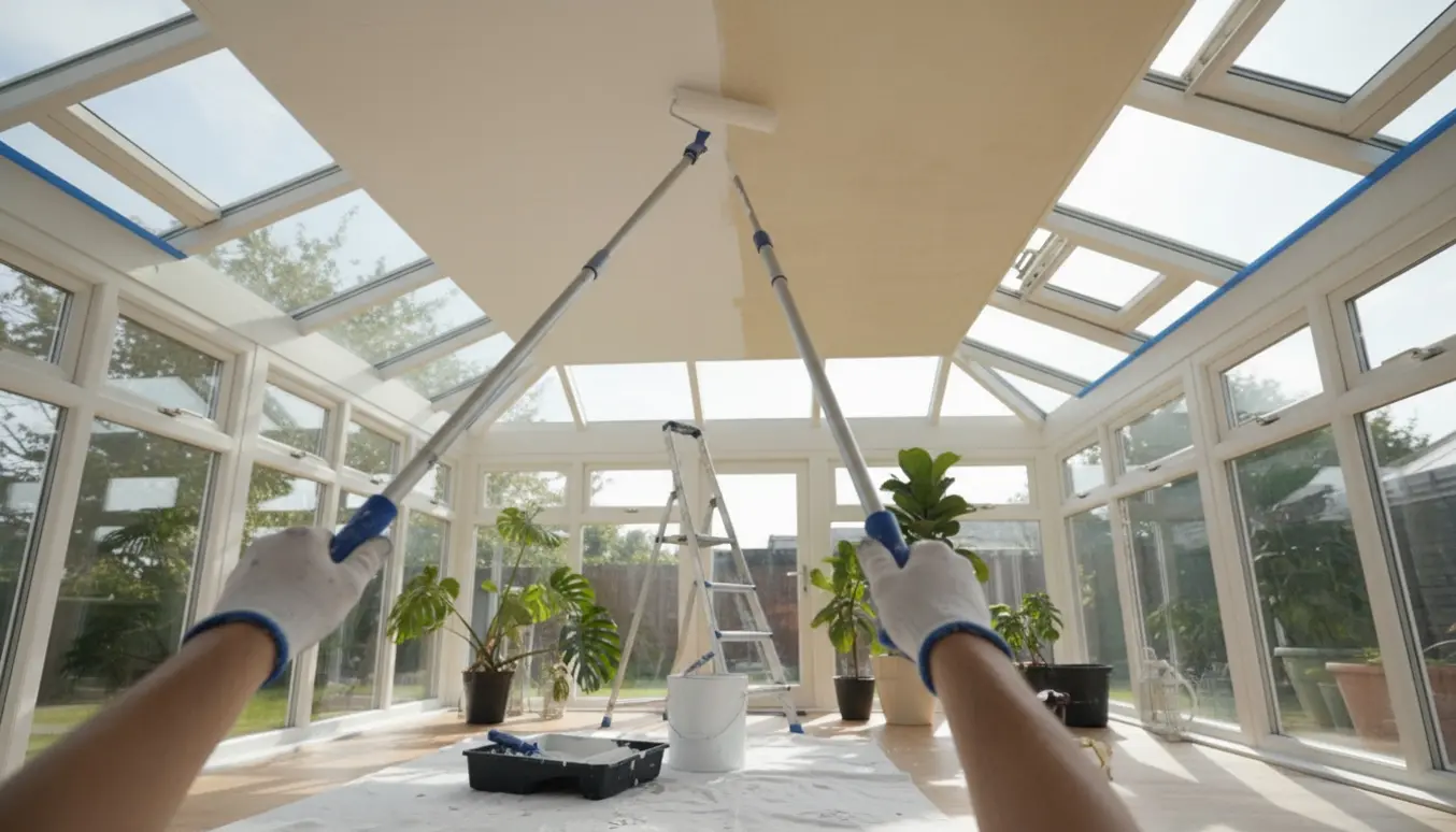 En hånd med malerulle på forlænger maler et skråt loft i en lys udestue med malerbøtte og afdækningsdug.