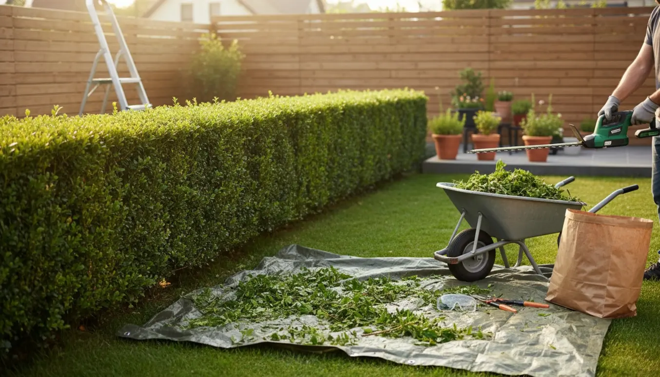 En person klipper en lang hæk i baghaven med elektrisk hækkeklipper, kun hænder og redskaber synlige.