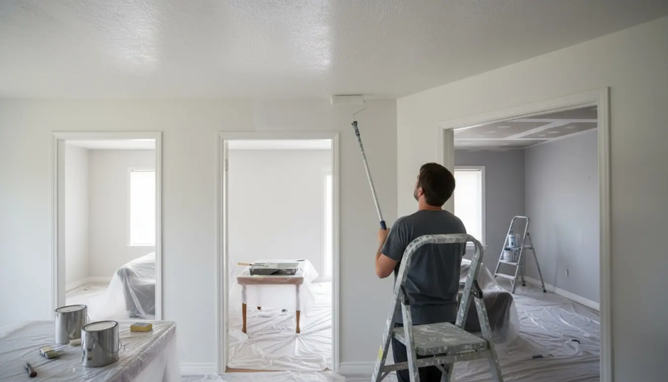 Maler maler lofter i fem små til mellemstore rum med rulle, stige og afdækning.