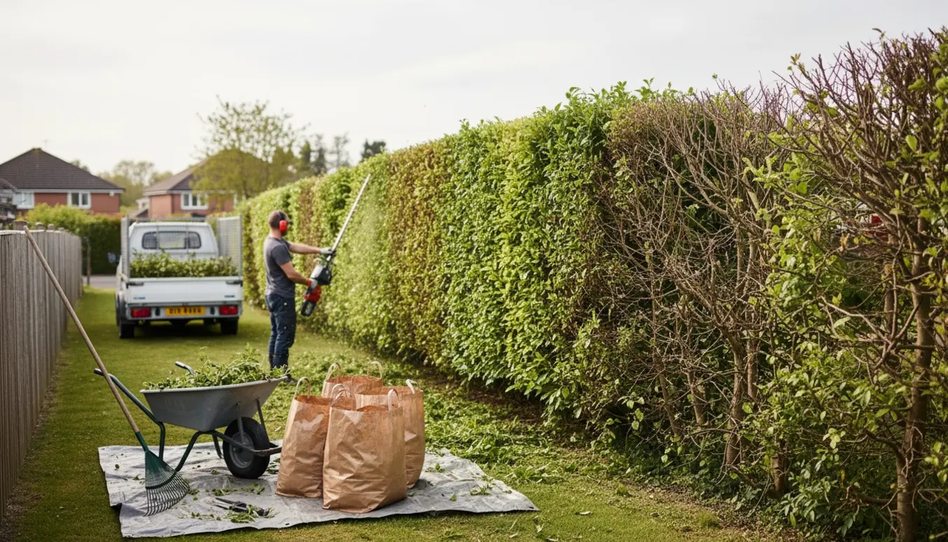 En person trimmer en 180 cm høj blandet hæk, mens afklip samles i skovl, sække og trailer.