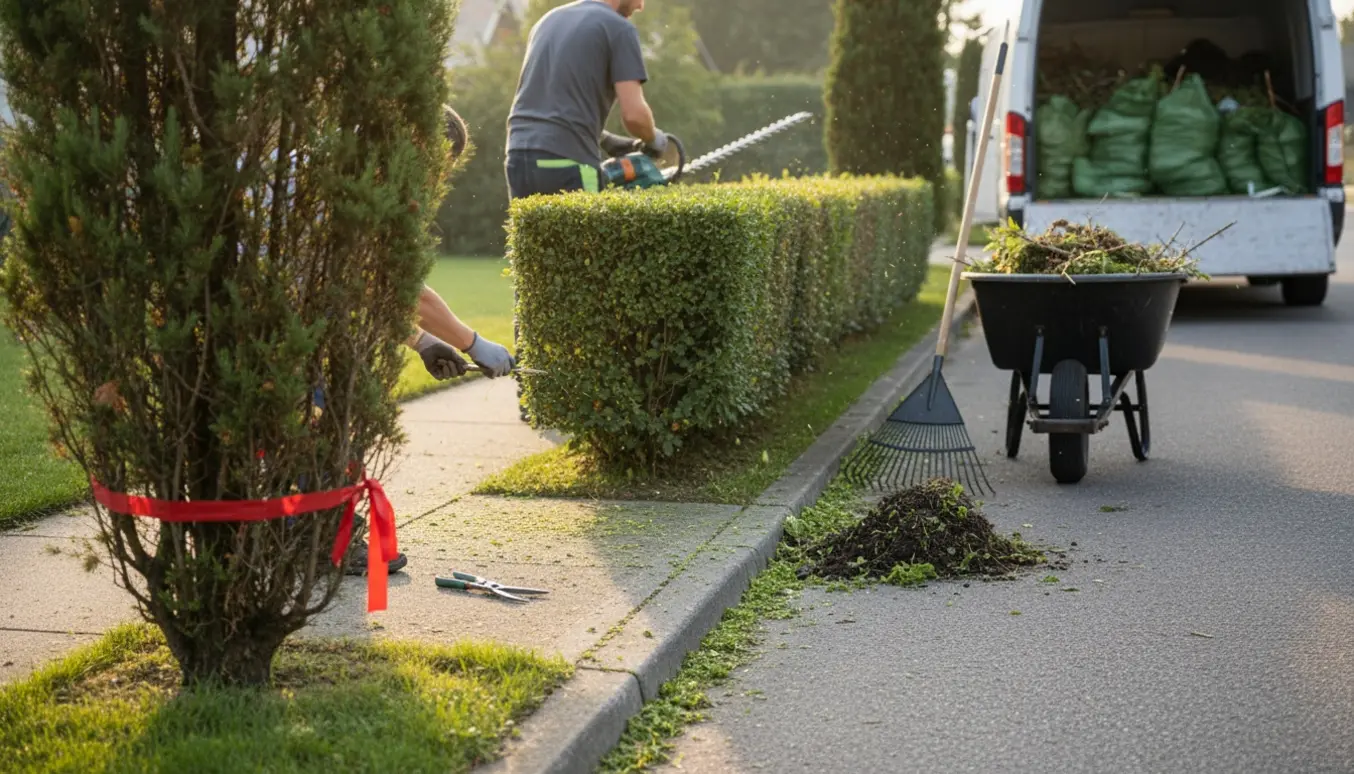 Personer trimmer hæk og fjerner ukrudt langs fortovet med redskaber og opsamler grønt affald.