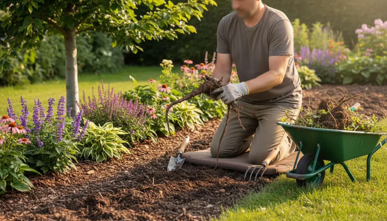 Hænder i handsker fjerner ukrudt fra et blomsterbed med en intakt bøgehæk i baggrunden.