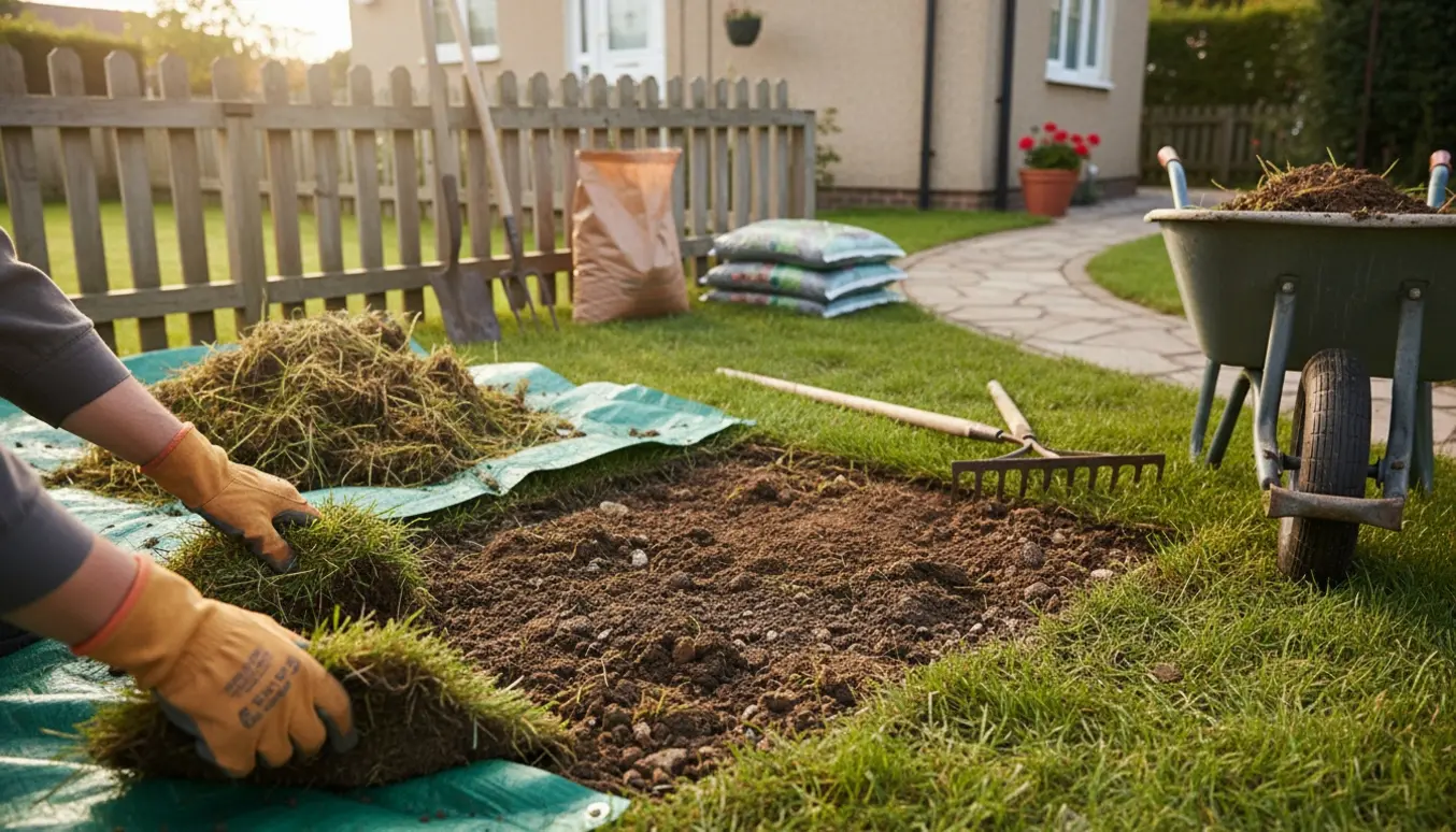 En lille forhave på ca. 10 m² ryddes for græs og ukrudt med skovl, rive og trillebør.