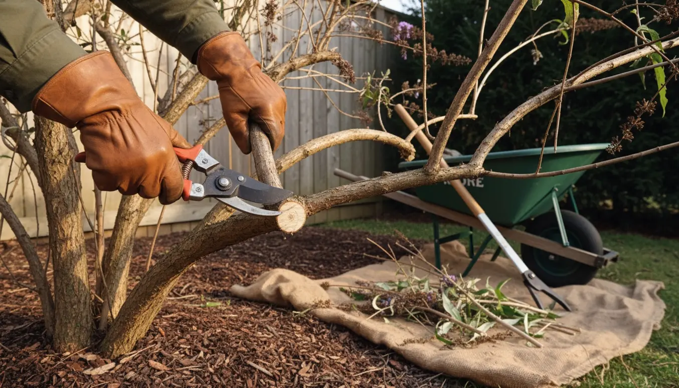 Hænder i handsker klipper en sommerfuglebusk tilbage med sekatør, afklippede grene samlet i en bunke i en solrig have.