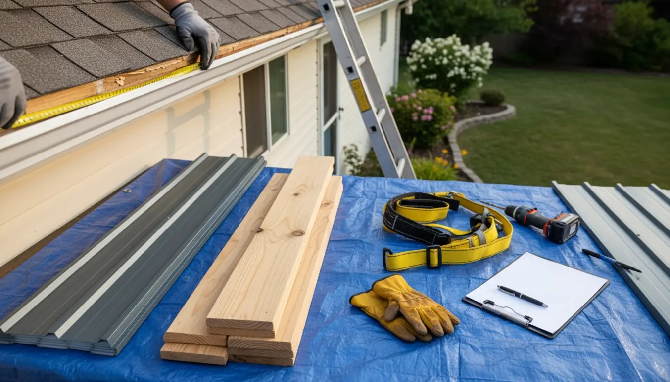Håndværker måler vindskede på et parcelhus med nye vindskeder og tagplader klar ved stigen.