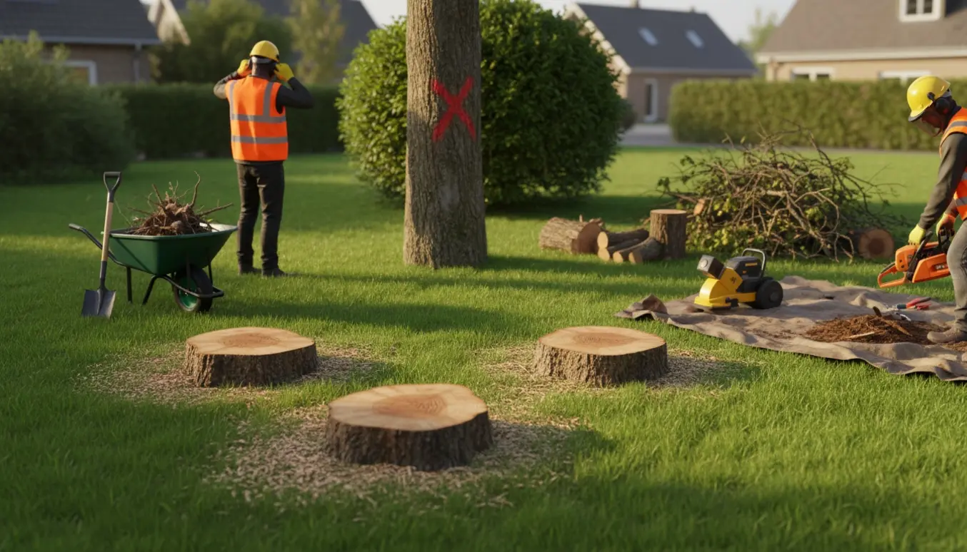 Tre nysavede træstubbe i en have ved siden af et træ klar til fældning og en busk, omgivet af værktøj og savsmuld.