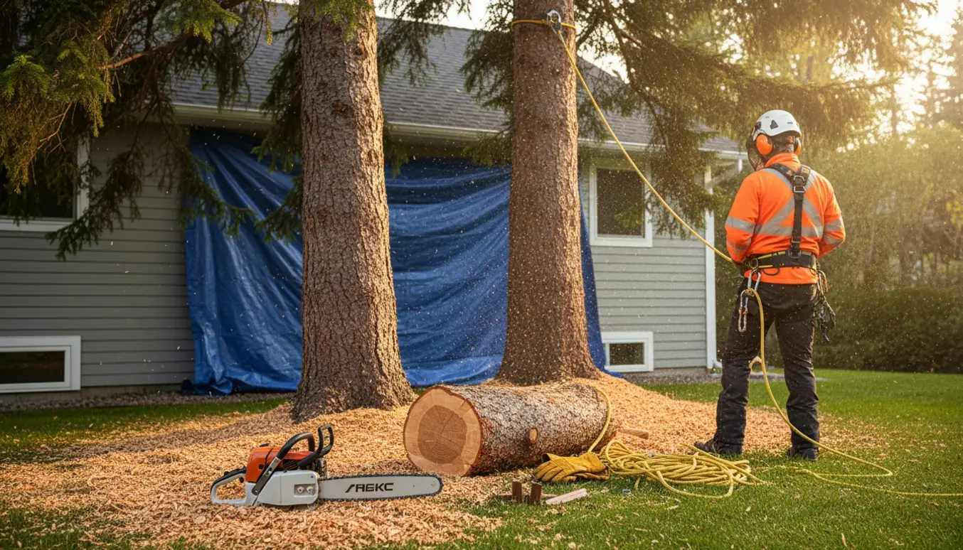 Motorsav, nyskårede træstammer og sikkerhedsreb ved to grantræer tæt på et hus, klar til professionel fældning.