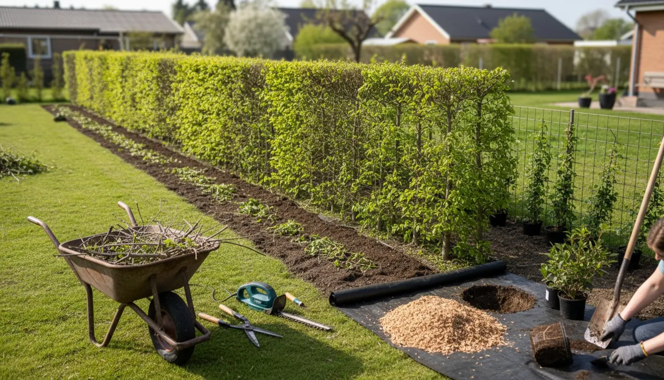 Nyslået bøgehæk med haveredskaber, ukrudsdug, bøgeflis og planter klar til plantning.