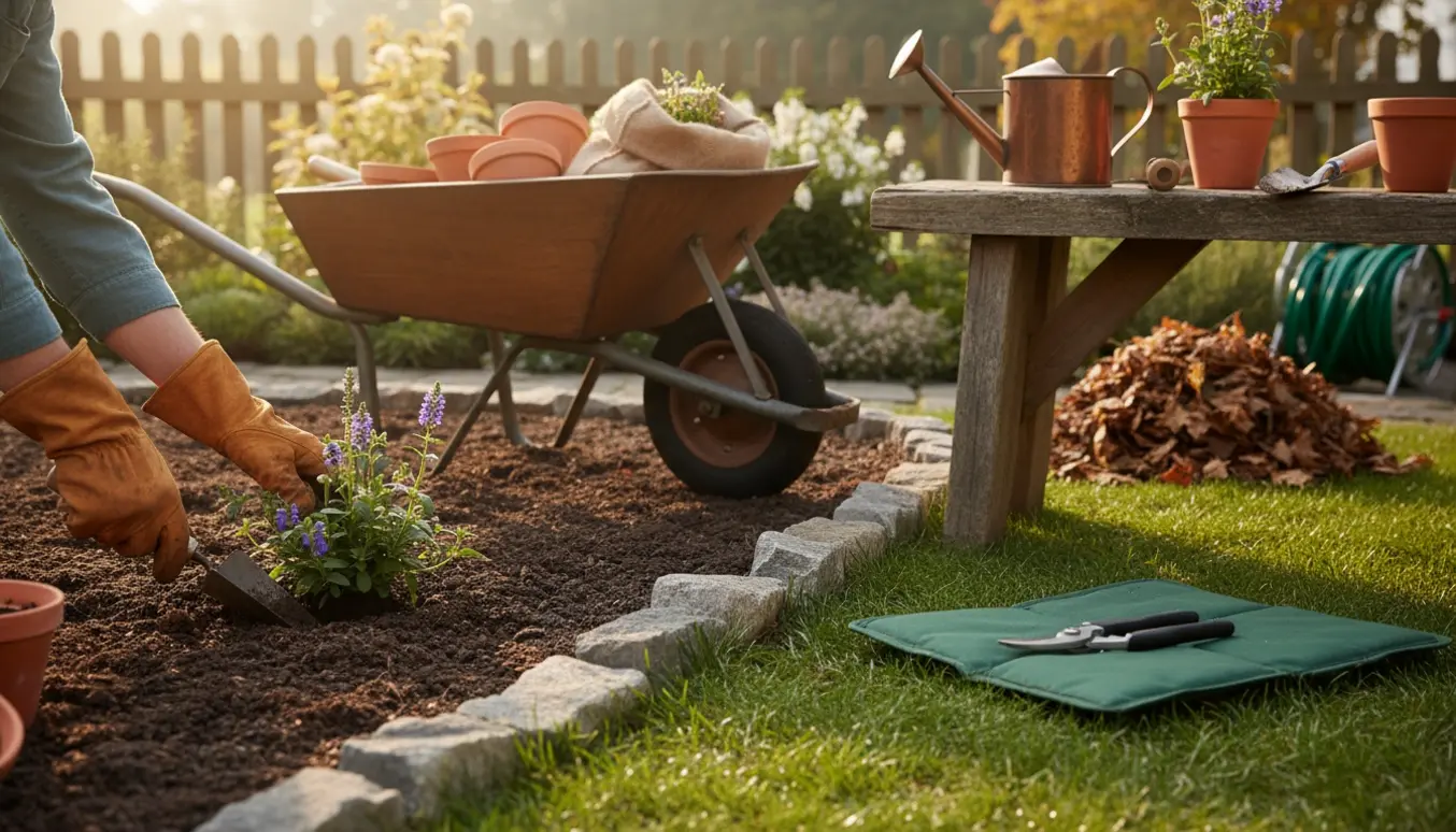 Hænder i havehandsker planter en blomst i en soloplyst baghave med trillebør, vandkande og haveredskaber i baggrunden.