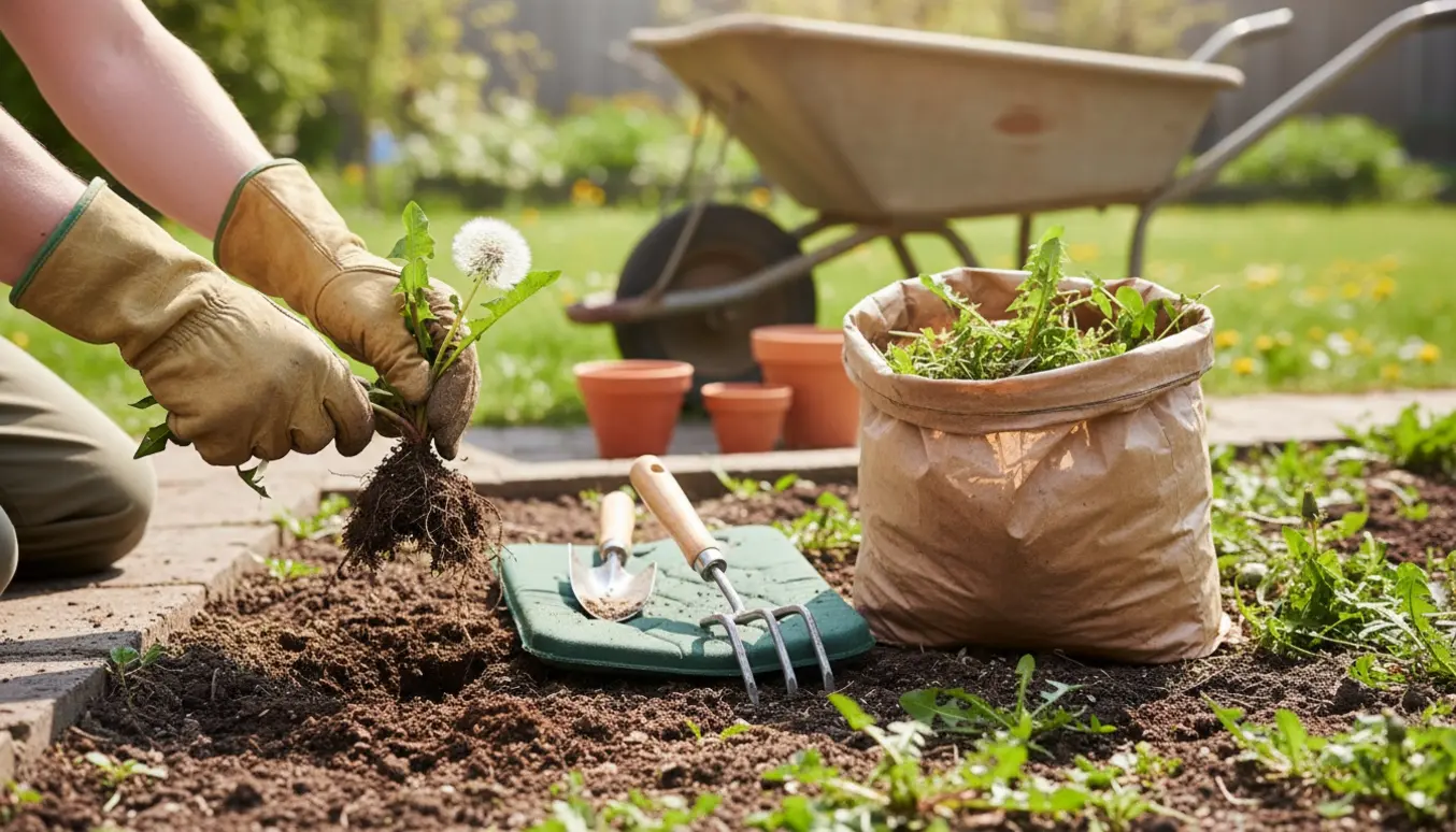 Nærbillede af handskerede hænder, der fjerner ukrudt i en lille have med en fyldt haveaffaldssæk ved siden af.