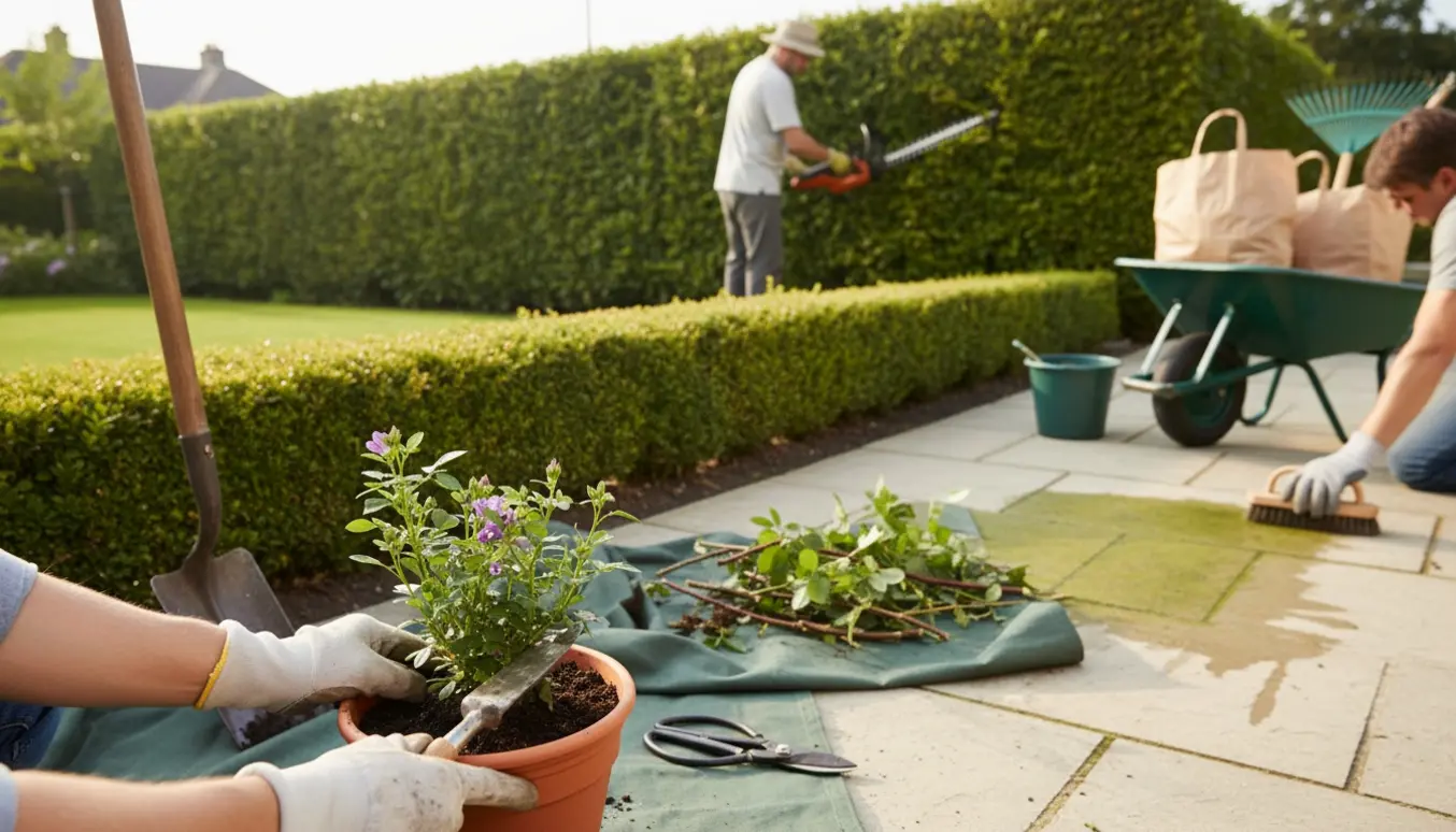 Havemand trimmer hæk, planter i krukker og fjerner alger fra fliser i en velholdt have.