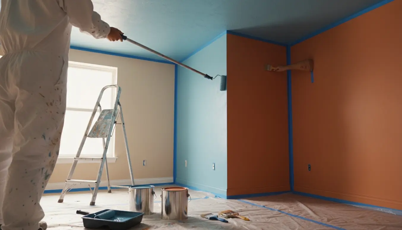 Malere maler loft og accentvæg med to forskellige farver i et lyst rum med afdækning og værktøj synligt.