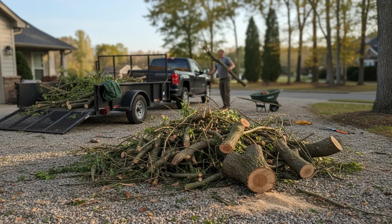 Stor bunke beskårne grene i indkørslen ved en trailer og værktøj klar til bortskaffelse.