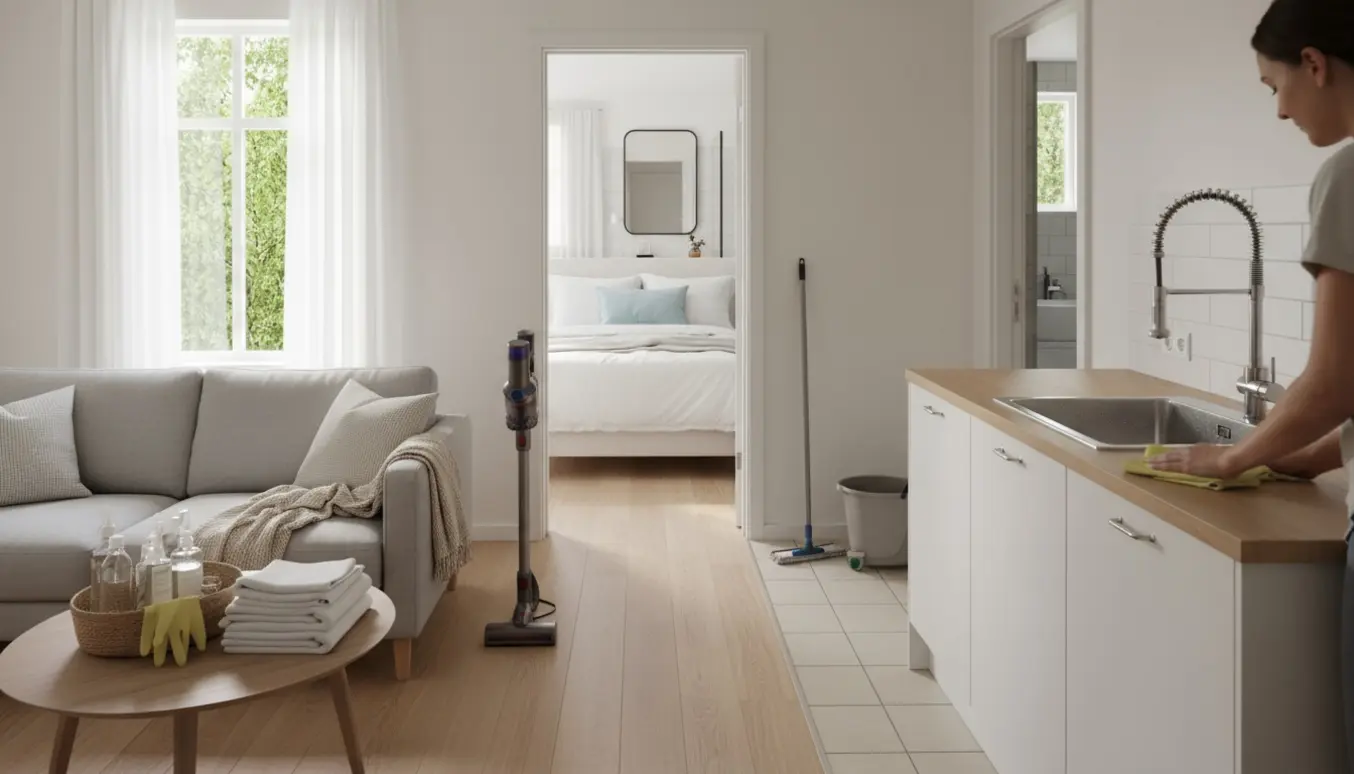 Soloplyst Airbnb-stue og køkken under rengøring med rengøringsudstyr, foldede håndklæder og en person med ryggen til.