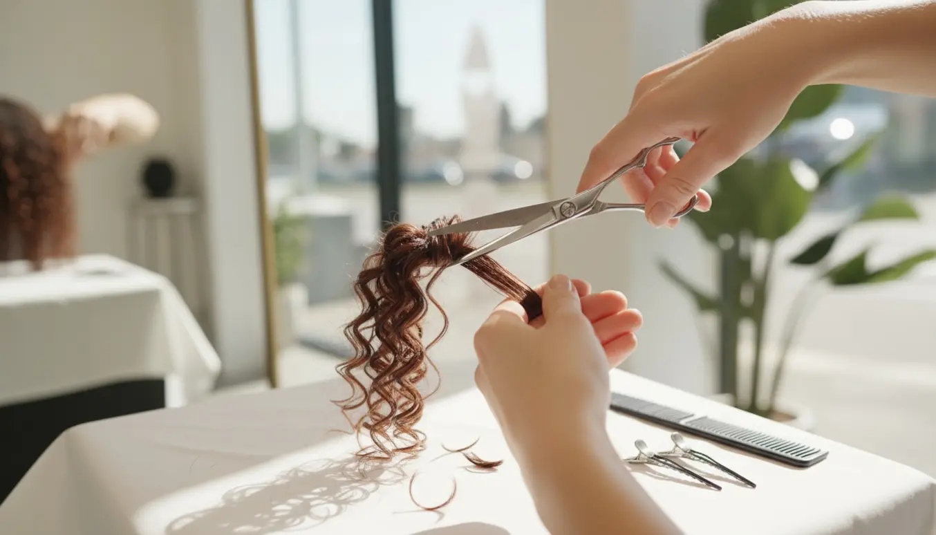 Nærbillede af hænder, der klipper spidserne på langt, krøllet hår i et lyst salonmiljø.
