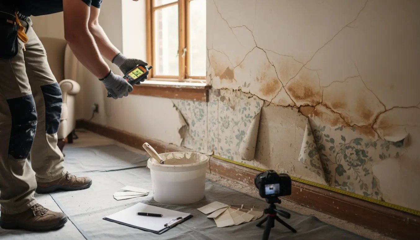Håndværker inspicerer sætnings- og fugtskader ved revnet gipsvæg og vindueskarm med måleværktøj og pudseudstyr.