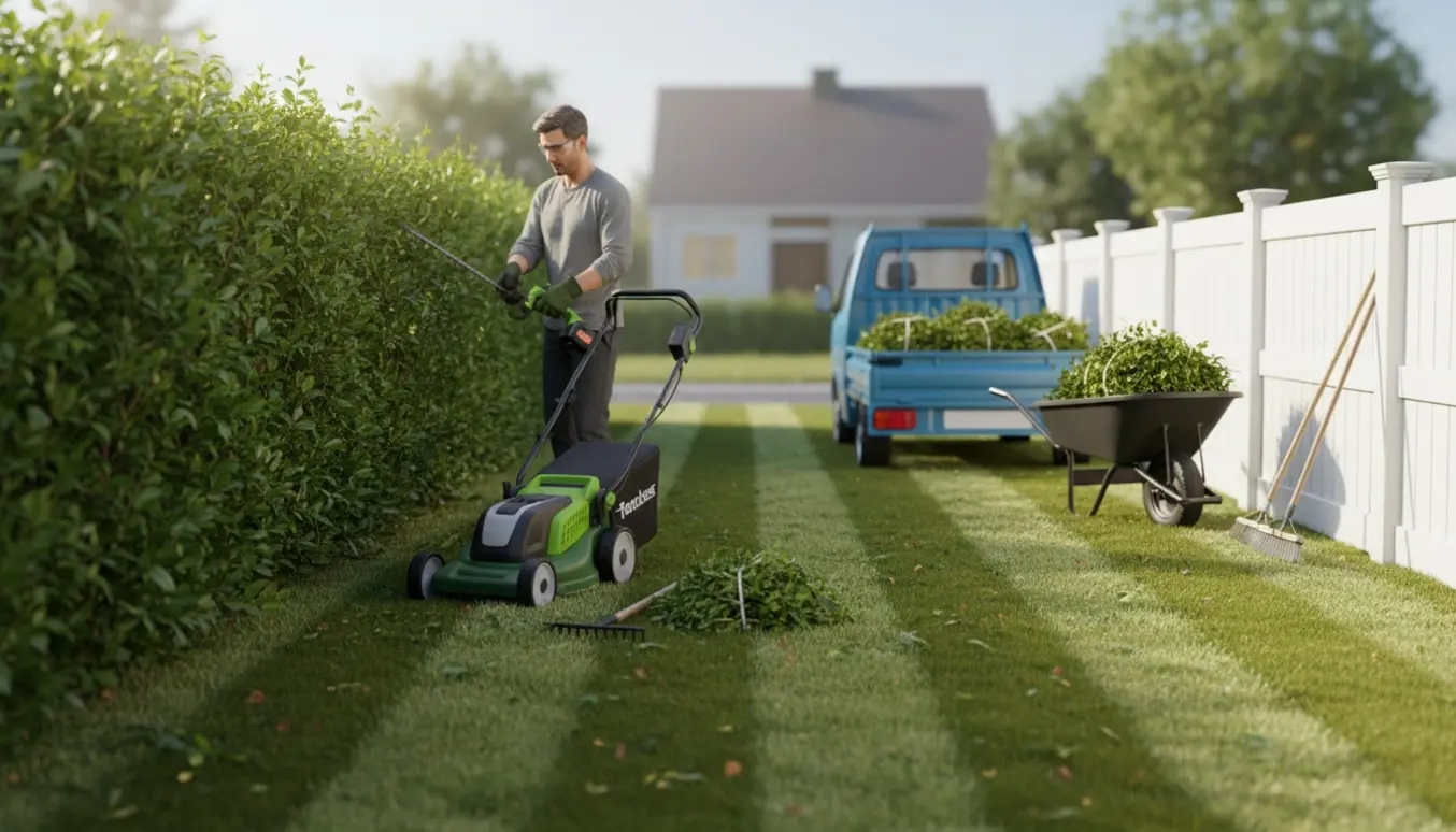 En person slår græsset og trimmer den ene side af hækken i en lille have med fyldt trailer klar til affald.