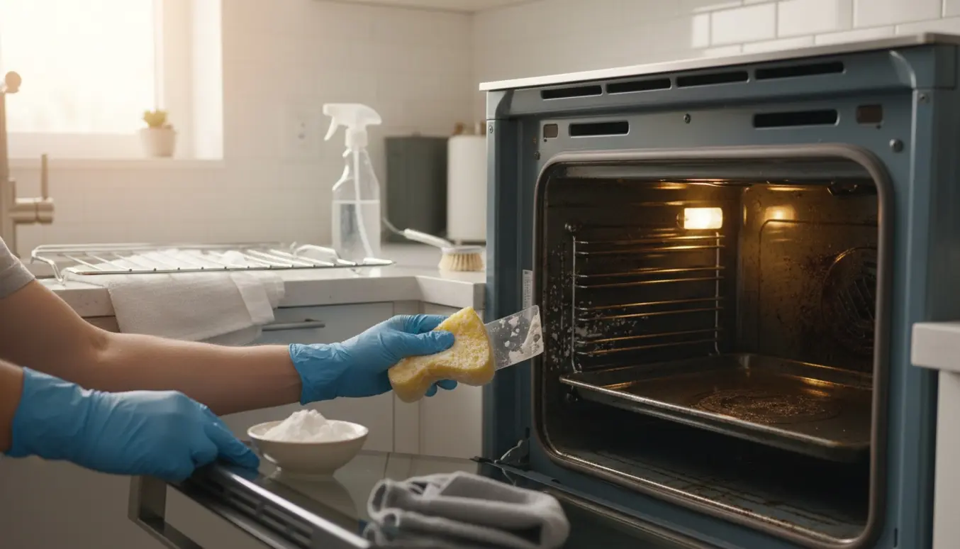 Åben elektrisk ovn rengøres grundigt med handsker, skrubbeværktøj og rengøringsmidler.