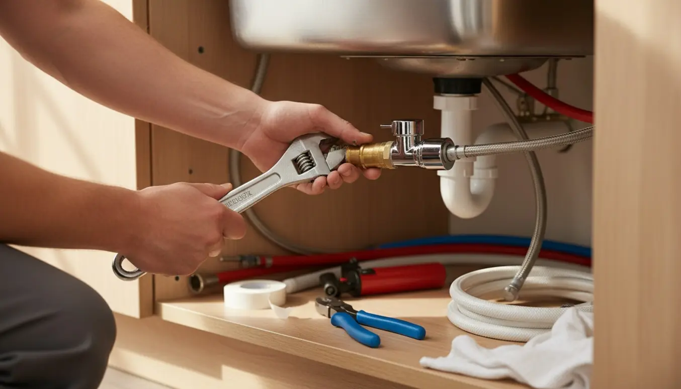VVS-montør skifter en gammel stopventil under køkkenvask og tilslutter opvaskemaskinens slange.