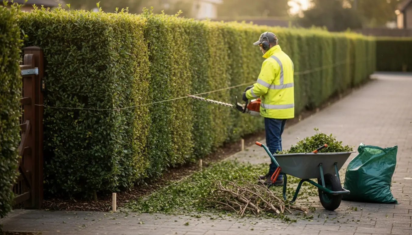 En havearbejder klipper en lang ligusterhæk langs indkørslen, mens afklip samles i en trillebør.