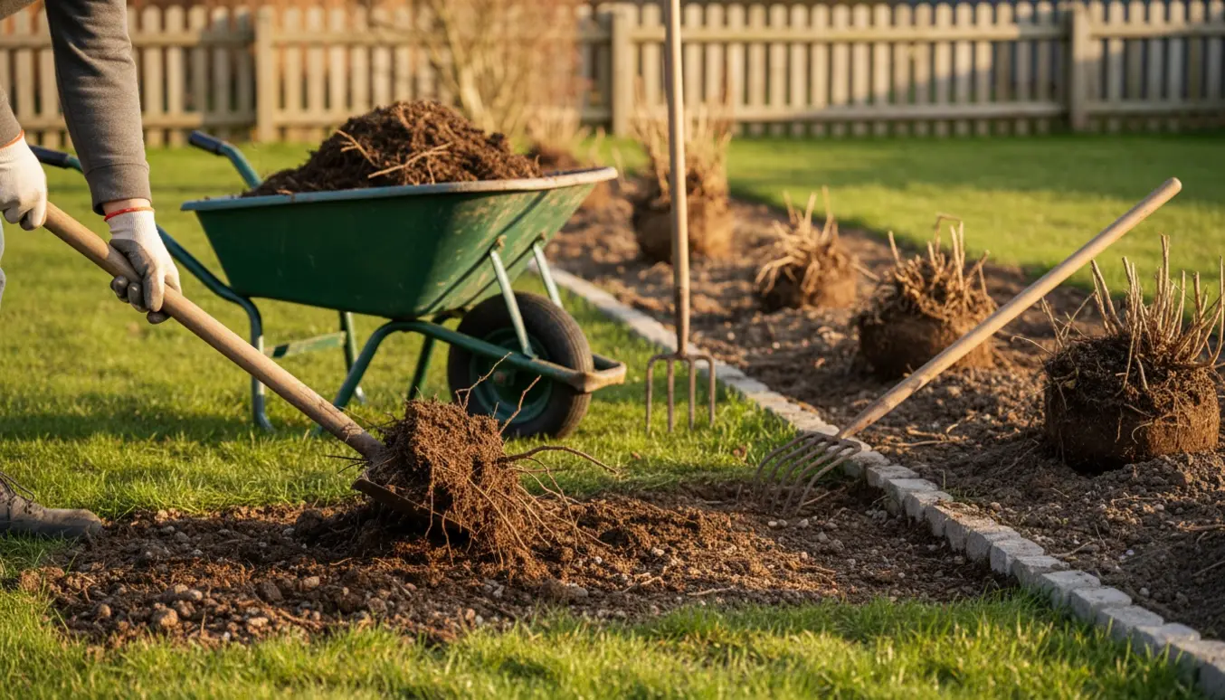 Nærbillede af udgravning og jævning af et lille bed med skovl, rive og trillebør i en villahave.