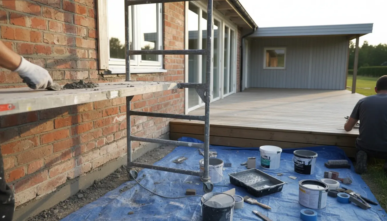 Renovering af én-plans hus med murer, der reparerer tilbygningens murværk, og maler, der maler trælister ved vinduer.