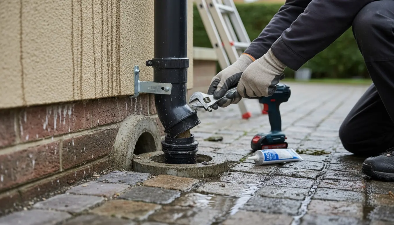 Hænder fastgør et nedløbsrør til kloakken ved husmuren, med vand der løber langs muren.
