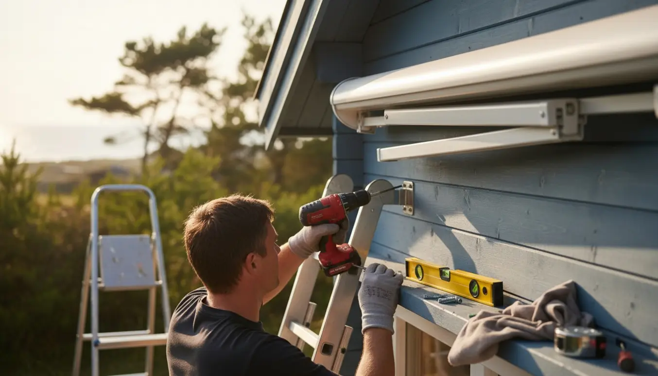 Tømrer monterer elektrisk markise på et træsommerhus, tæt billede af hænder og værktøj.