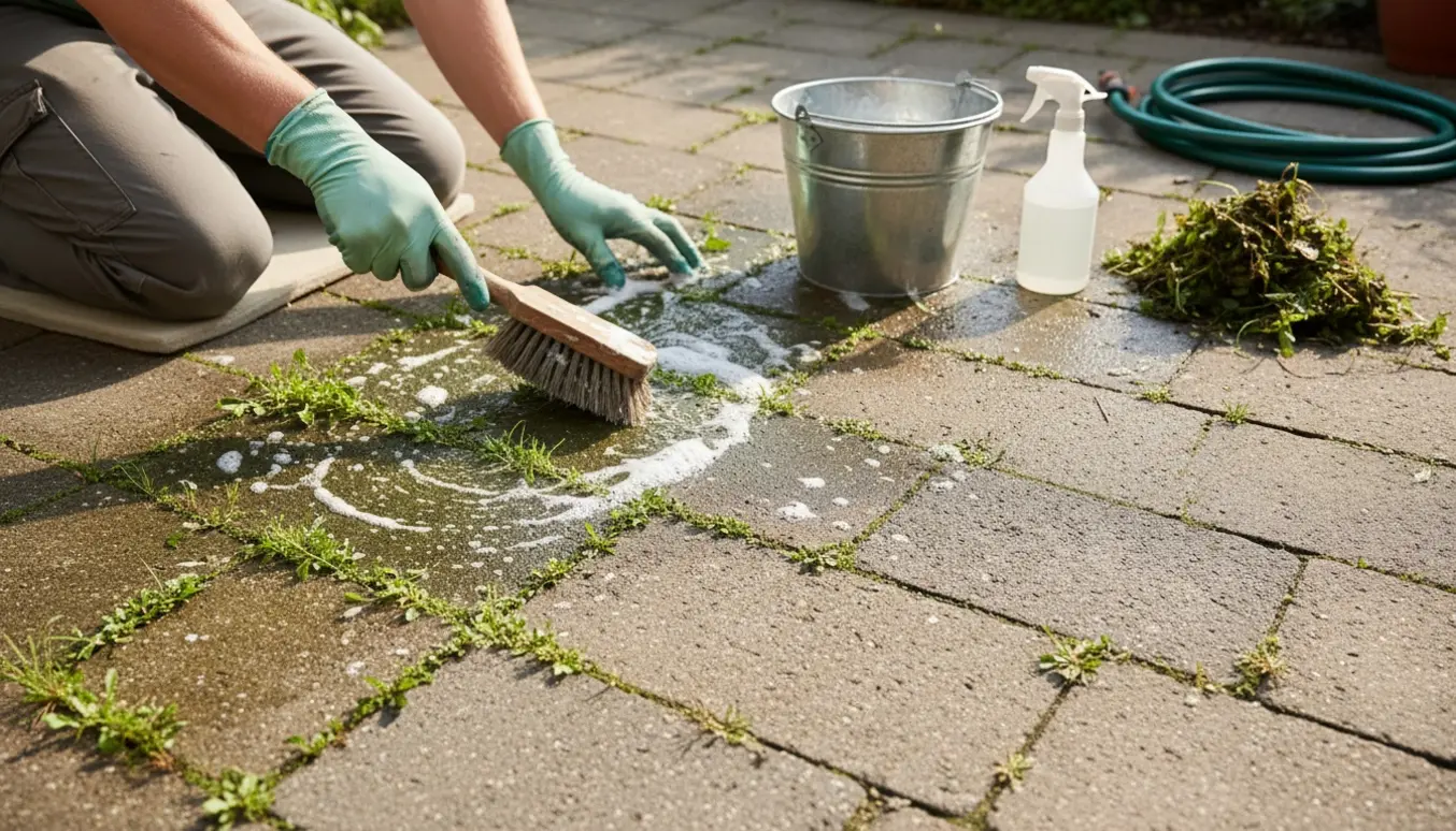 Hænder i gummihandsker skrubber alger og ukrudt væk fra en lille terrasse med synlig forskel mellem rene og grønne fliser.