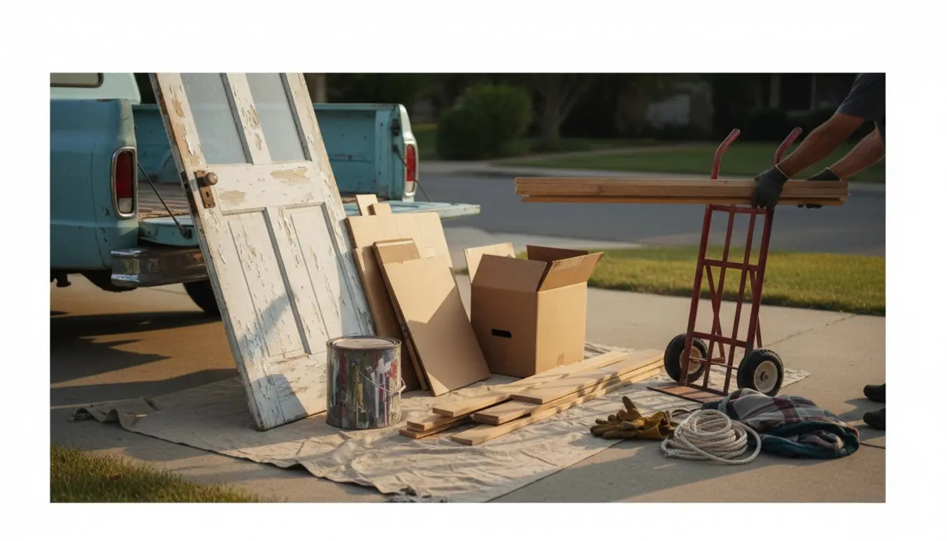 Kantstensindsamling af stort affald med dørkarm, malerbøtte, pap og træ klar til afhentning.