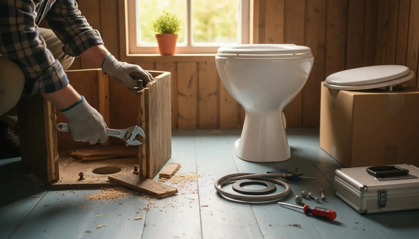 Udskiftning af toilet i kolonihavehus med håndværker, delvist fjernet træsokkel og nyt porcelan-toilet klar til montering.