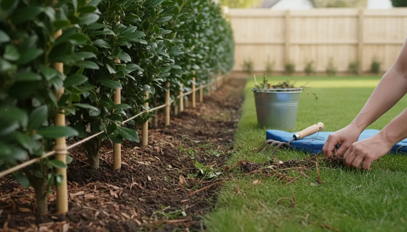 Hænder fjerner ukrudt ved bunden af en nyplantet laurbærhæk med haveværktøj ved siden af.