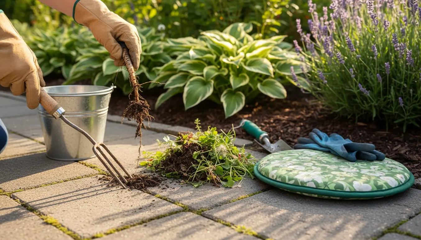 Hænder fjerner ukrudt mellem fliserne med haveredskaber foran et velplejet bed.