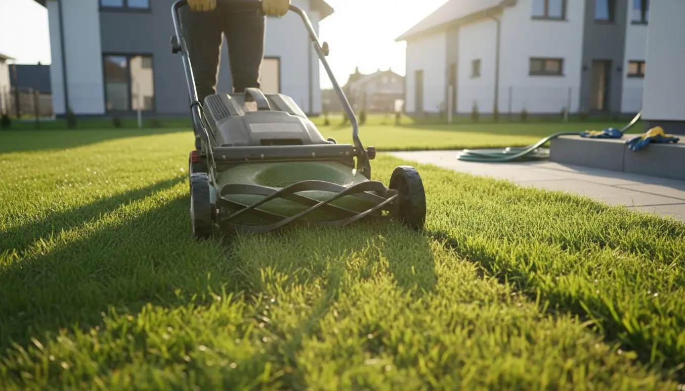 En person slår græs med en manuel plæneklipper på en nyanlagt, jævn græsplæne.