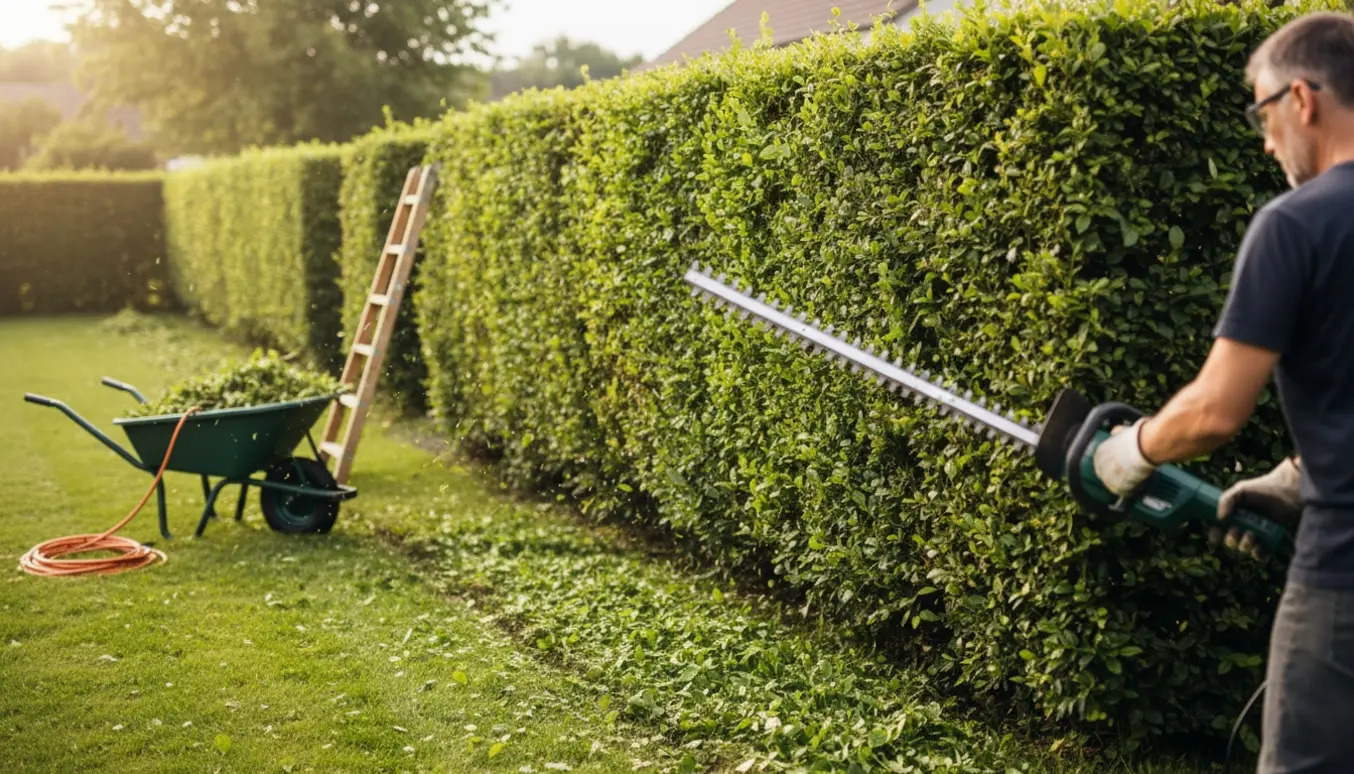 Nærbillede af en person, der klipper en tæt grøn hæk med elektrisk hækkeklipper i en solrig forhave.
