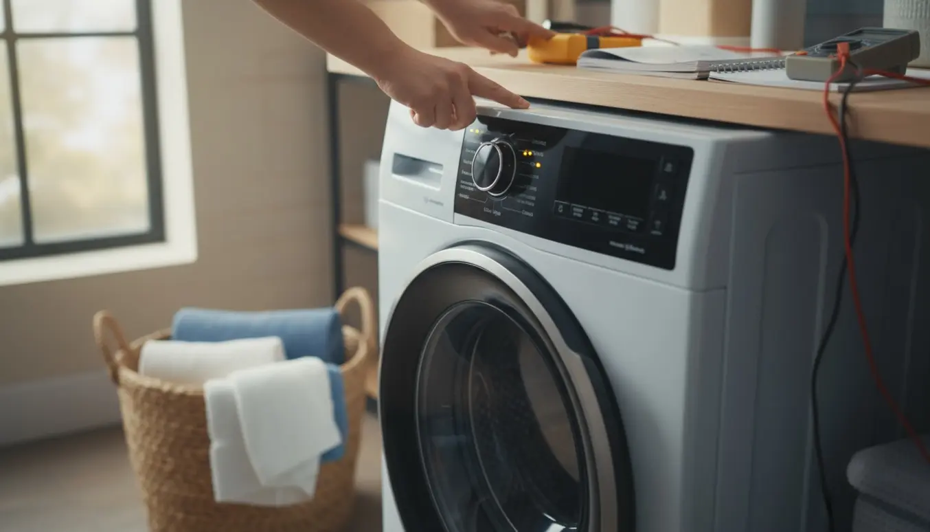 Hænder prøver at starte en frontbetjent vaskemaskine med tændte kontrol-lys, mens værktøj og manual ligger klar.