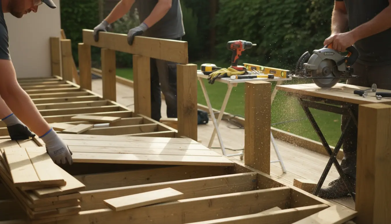 Hænder placerer terrassebrædder og skærer stolper ned, mens værktøj og materialer ligger klar i en baggård.