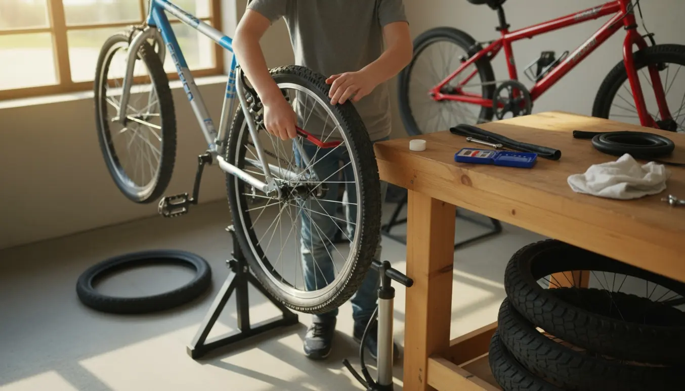 To drengecykler i en garage, én får nyt dæk mens den anden lappes.