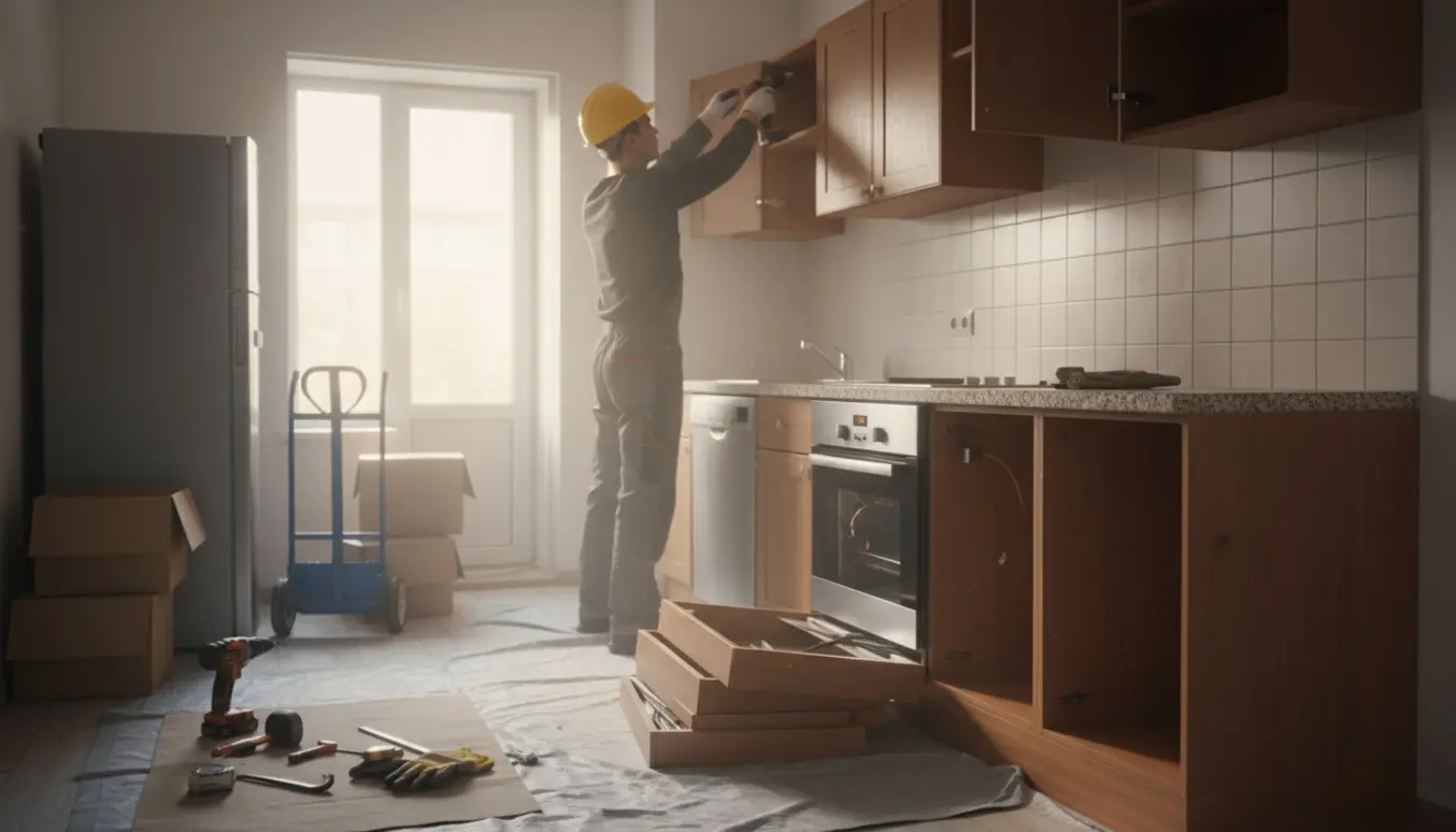 Afmontering af køkken i en tom lejlighed med en håndværker, løse elementer og værktøj klar til afhentning.