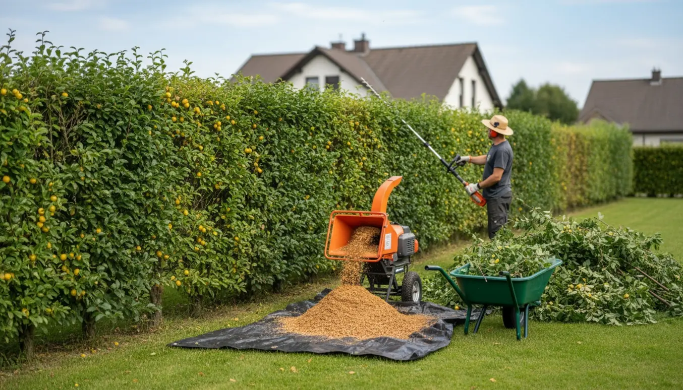 Lang mirabellahæk i en have bliver trimmet, med bunker af kviste og flis klar til at blive lagt under hækken.