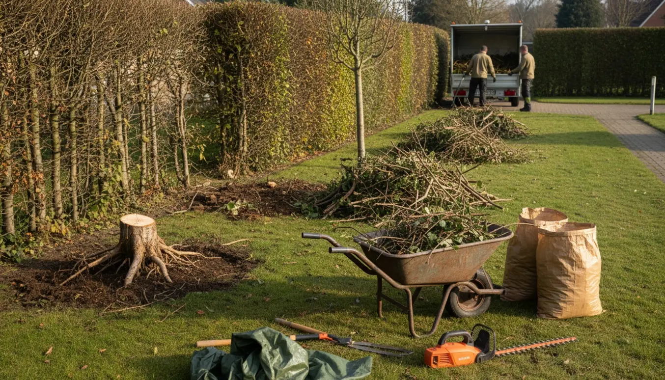 Forhave med halvt fjernet 8 meter hæk, et lille træ fældet med stump og trillebør fyldt med grene klar til bortkørsel.