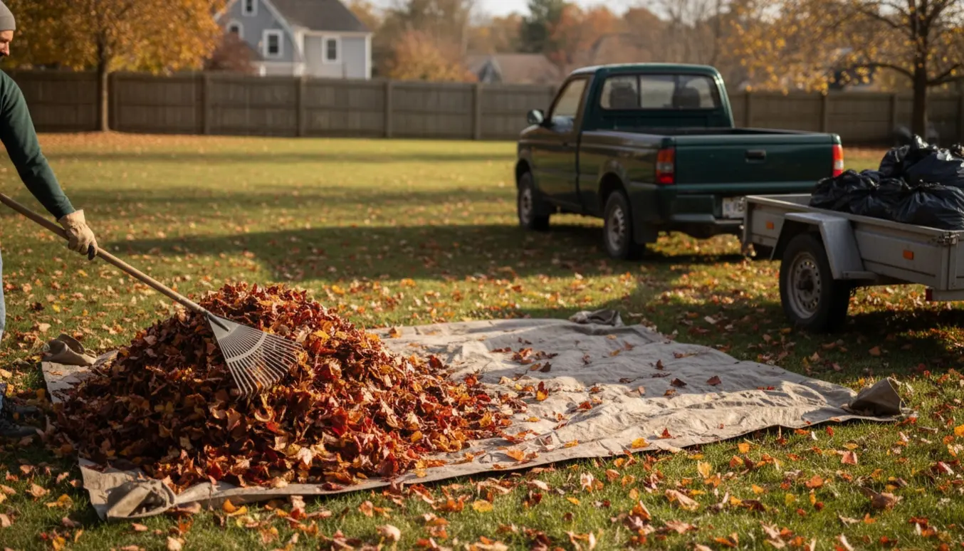 Raker og læsser løv i en rummelig have ved siden af en trailer klar til bortkørsel.