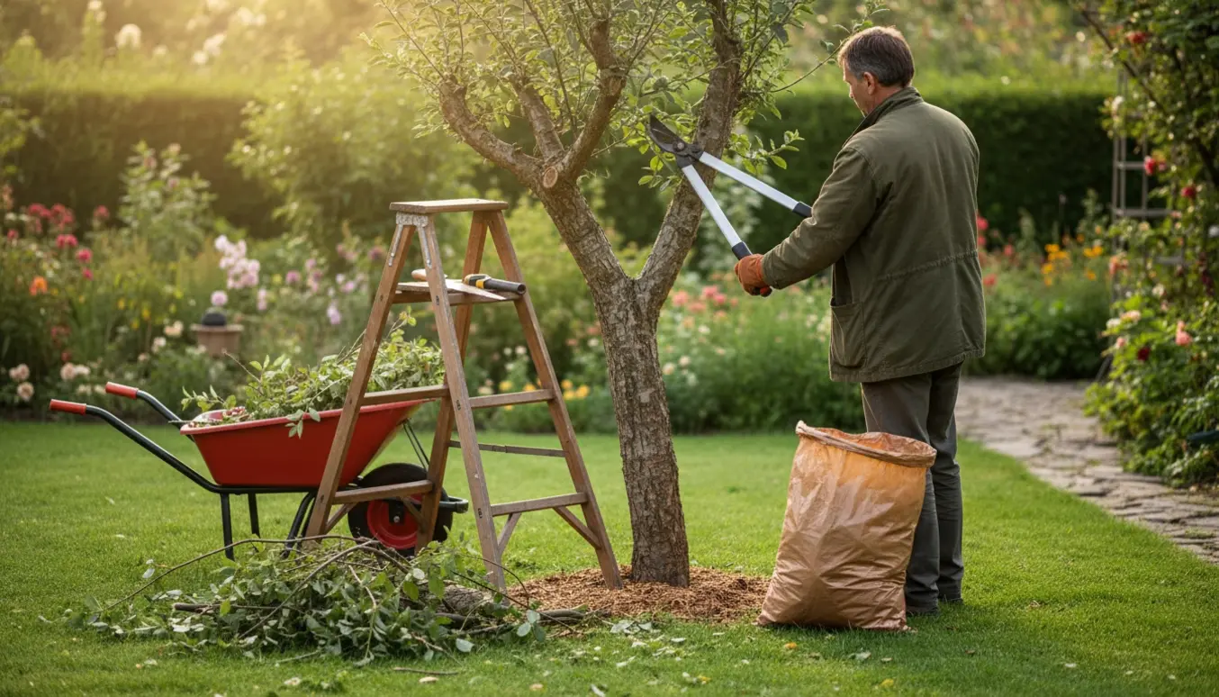 En haveejer på en stige beskærer et lille cirka 180 cm højt træ, med afklippede grene klar i trillebør til bortkørsel.
