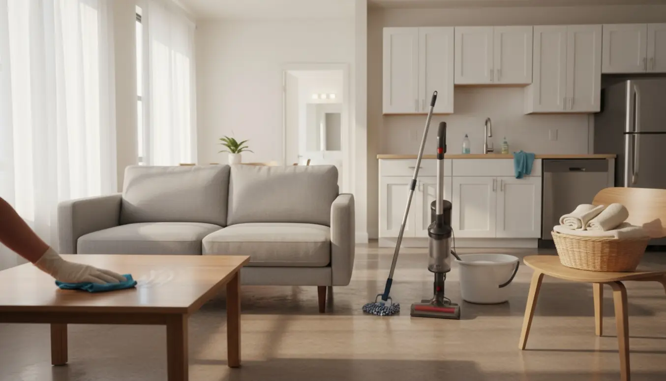 Nyrenset lejlighed med rengøringsudstyr og skinnende overflader.