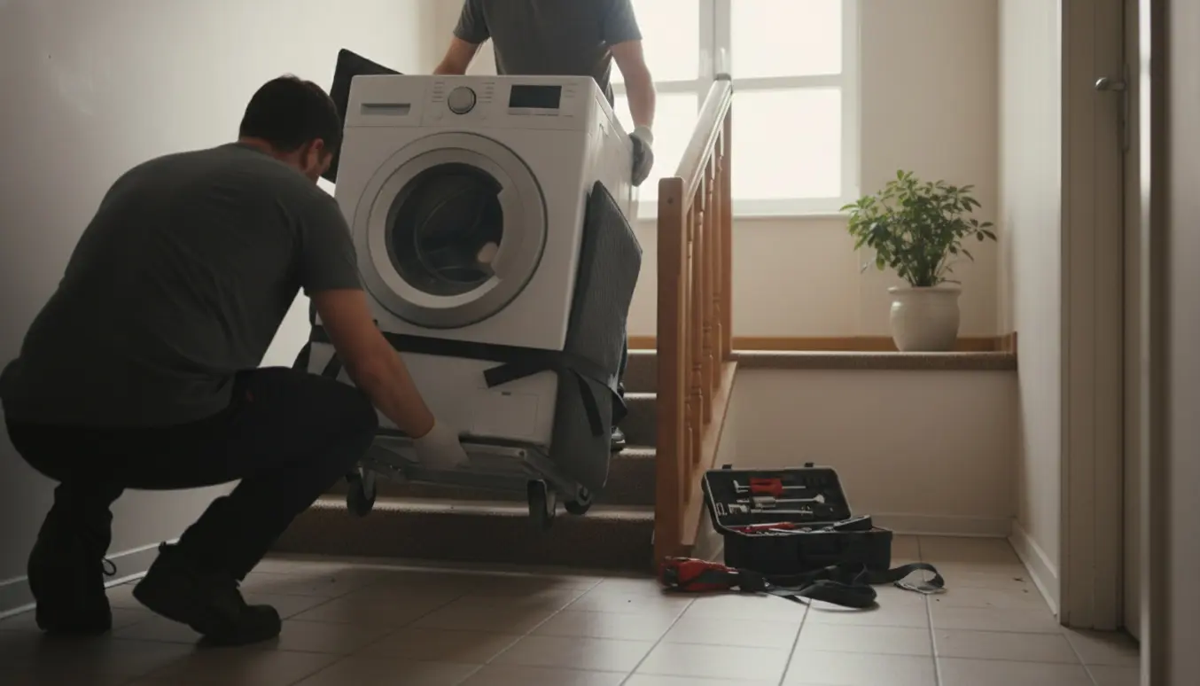 To personer flytter en vaskemaskine op ad en smal trappe med flyttekærre og beskyttelse, ansigter ikke synlige.