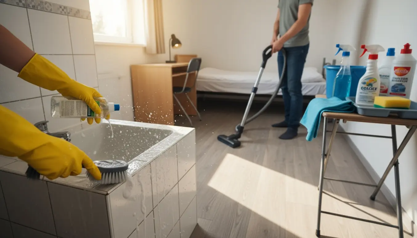 Hænder i gummihandsker skrubber lille kollegieværelses badeværelse, mens en støvsuger står klar og rengøringsmidler er lagt frem.