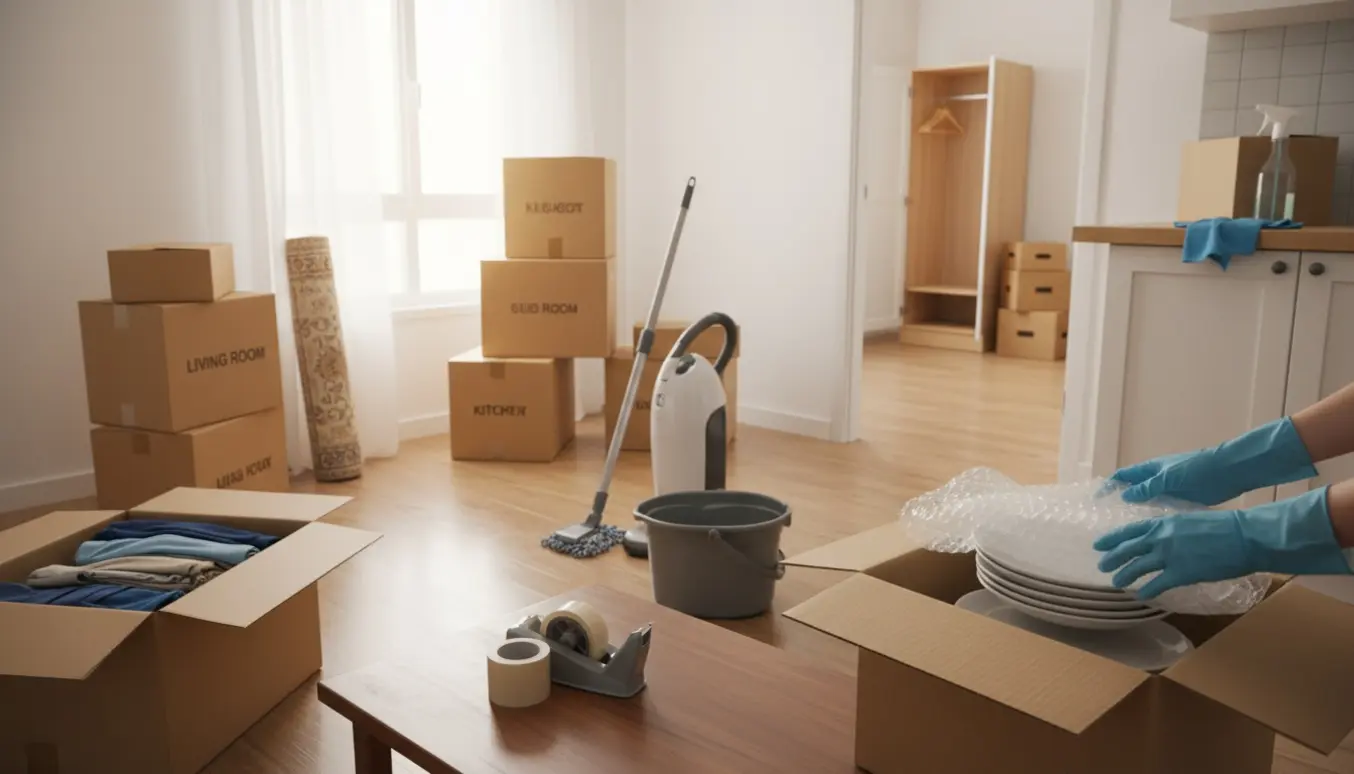 Solbelyst lejlighed under flytning med åbne flyttekasser, indpakkede ejendele og rengøringsudstyr.