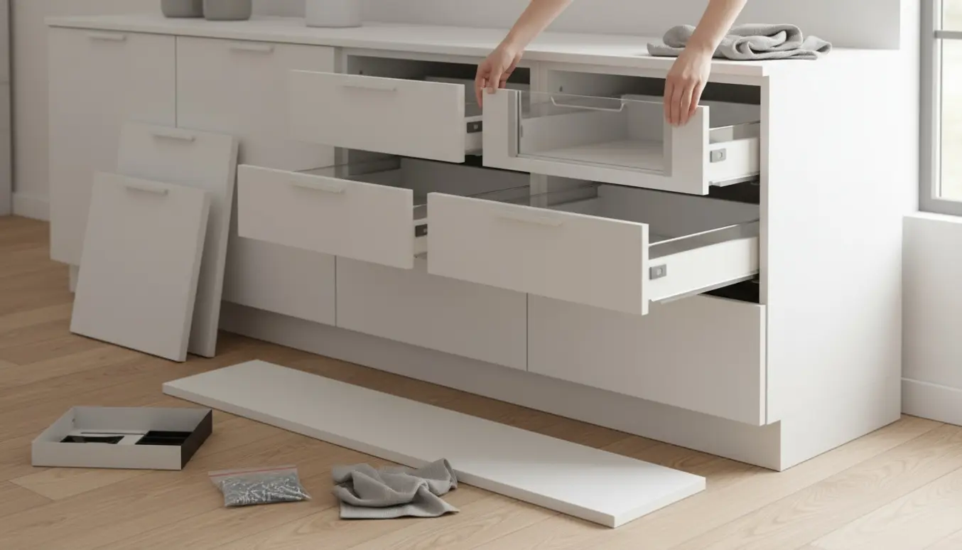 Hænder indsætter en glasindsats i en køkkenskuffe foran to side‑om‑side 60 cm underskabe med løse fronter og sokkelpanel på gulvet.