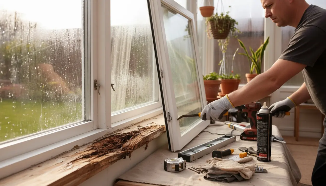 Hænder skifter rådne vindueskarme i en lys udestue med dug på glasset og nye vinduer klar til montering.