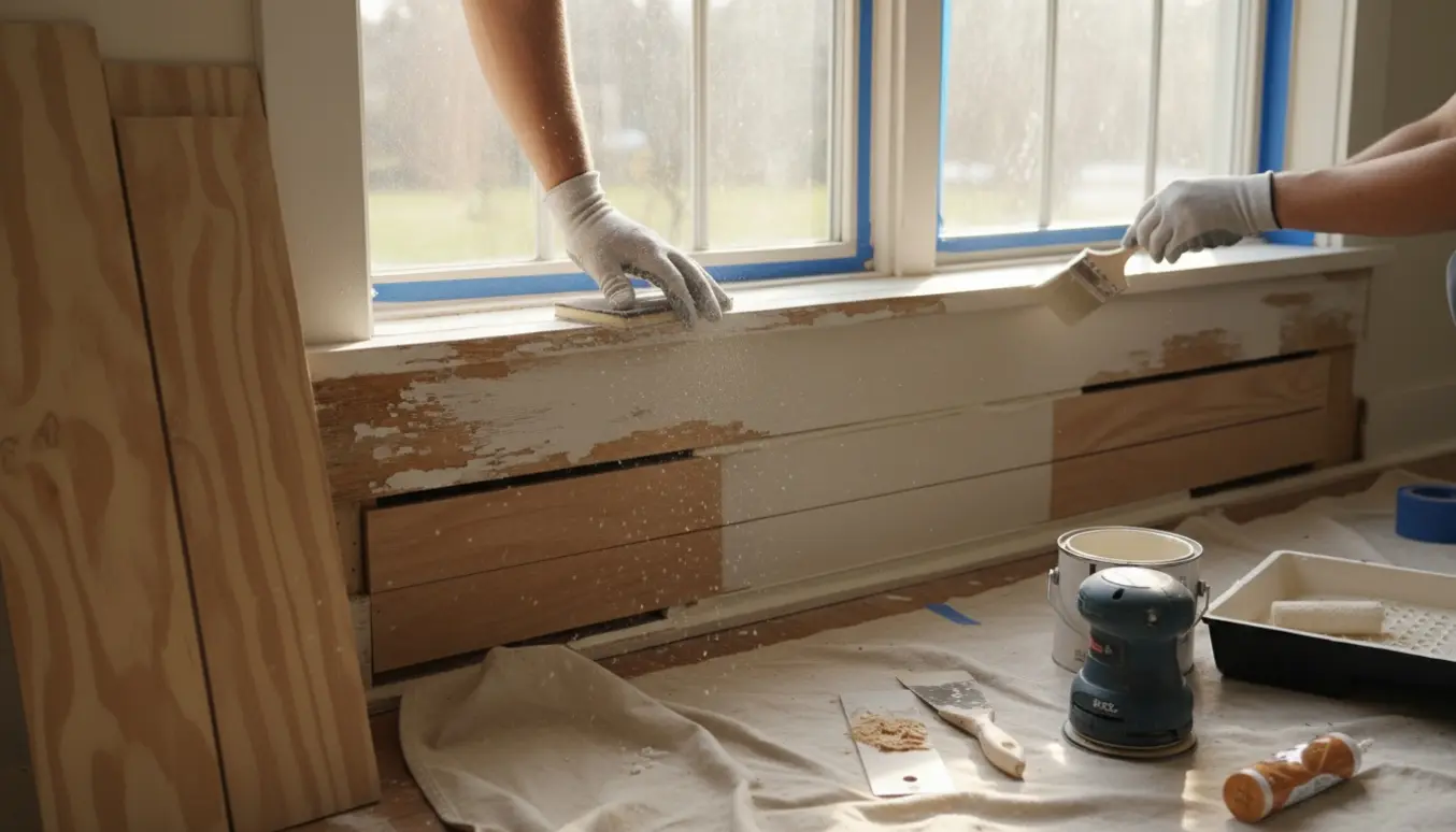 Nærbillede af slibning og maling af træværk under et vindue med nyligt udskiftede krydsfinerplader og værktøj.